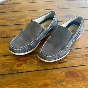 Blue leather slip ons